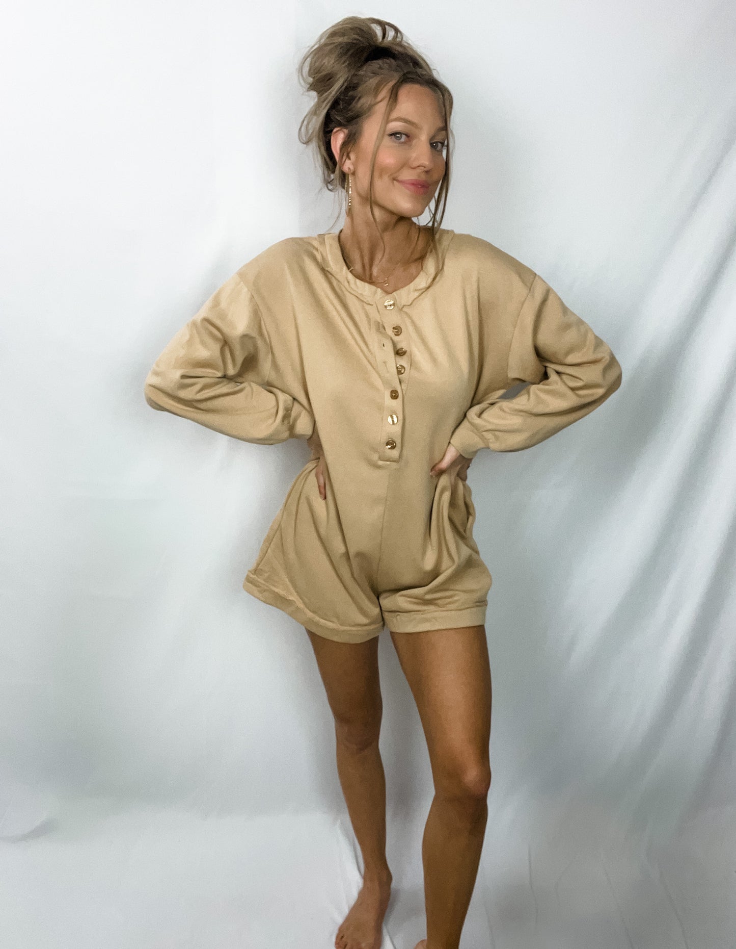 Cassandra Long Sleeve Romper With Pockets